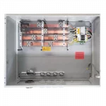 AC Connection Box for connection to grid transfer point/transformer. Grid type TN-C. 4x busbar 30 x 10 CU. Inverter input for cable 4 x 300 mm² via M80 brass cable gland to 4 busbar terminals. Output to transformer for cable 4 x 300 mm² via M80 brass cable gland to 4 busbar terminals (both cables to be installed on-site). Additional connection option for cable 1 x 300 mm² to 1 busbar terminal. Surge protection T1+2 (Standard Citel DAC1-13S-30-275 Imax 50kA, Iimp 12.5kA) incl. short-circuit protection SFD1-13S-30 for AC SPD T1 (12.5kA 10/350µs). Remote signaling contact connection via M16 plastic (cable to be installed on-site). M20 membrane. Enclosure galvanized steel sheet with hardened polyester lacquer coating 800x600x300 mm with door. Sticker Caution High Voltage.