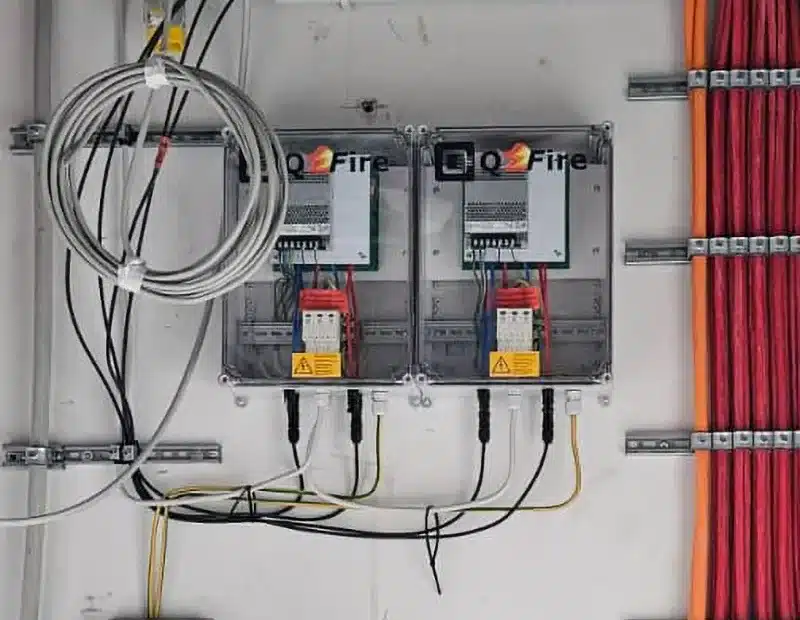 Feuerwehrschalter für Fassaden-PV am Hochhaus M50 Berlin-Kreuzberg 15 Zwei QFire LITE Feuerwehrschalter zur Abschaltung mehrerer PV-Strings bei Fassaden-PV Mehrere QFire-LITE-Einheiten ermöglichen eine klare Zuordnung der PV-Strings zu Gebäudeabschnitten oder Etagen.