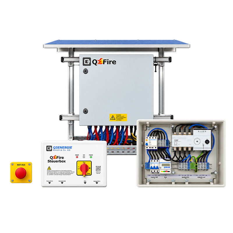 PV-Abschaltung mit Speicher & Ersatzstrom | QFire AC/DC - PV-Abschaltung mit Speicher und Ersatzstrom: QFire AC/DC kombiniert galvanische DC-Stringtrennung und AC-Abschaltung über ATS. Die Q3-Systemlösung.